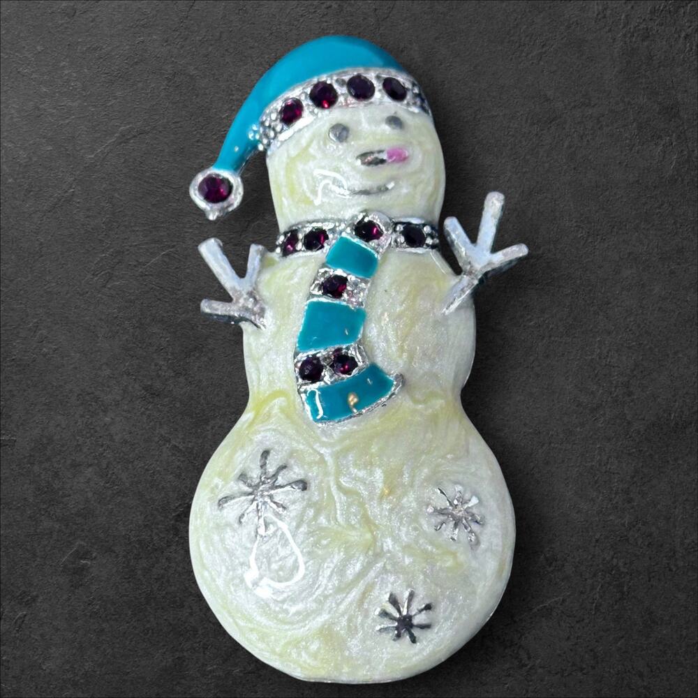 Christmas snowman brooch pin Fashion Jewelry pearl-tone blue silver tone metal